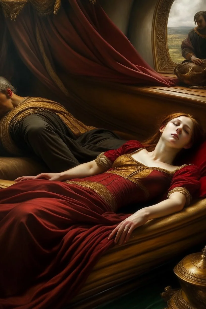 Oil painting A woman lies in a boat and next to her the king reclines and looks at her wearing a dark red dress exposed from above in the ancient era