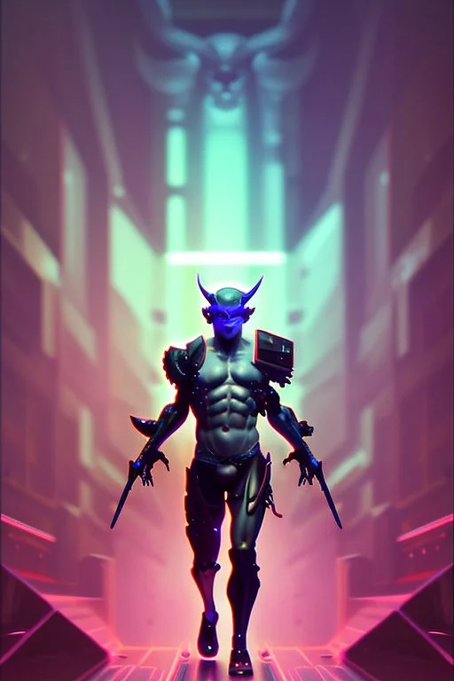 Cyberpunk Satyr, vibrant color scheme, highly detailed, sharp, romanticism, cinematic, concept art, 4k, 8k, trending on art station, purple and blue tones