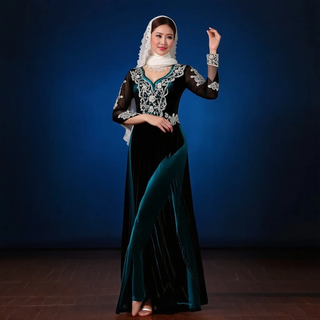 lady in azeri dance custum change clothing color to cyan and black fullbody shot standing in a pretty stage,not decolte,with a long white lace scarf
