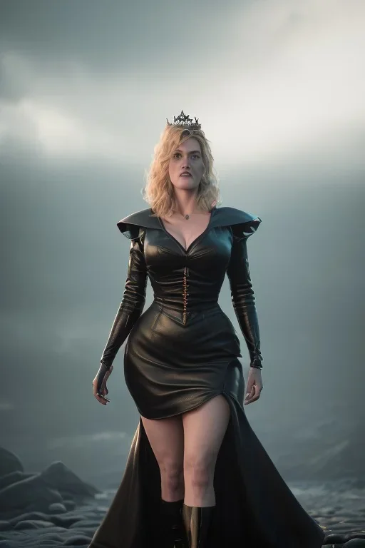 Kate Winslet as evil queen in black leather gown, cleavage, angry, stern look unreal 5, octane render,cinema4d, dynamic lighting, dramatic lighting, 4k, redshift render, highly detailed, hyper realistic