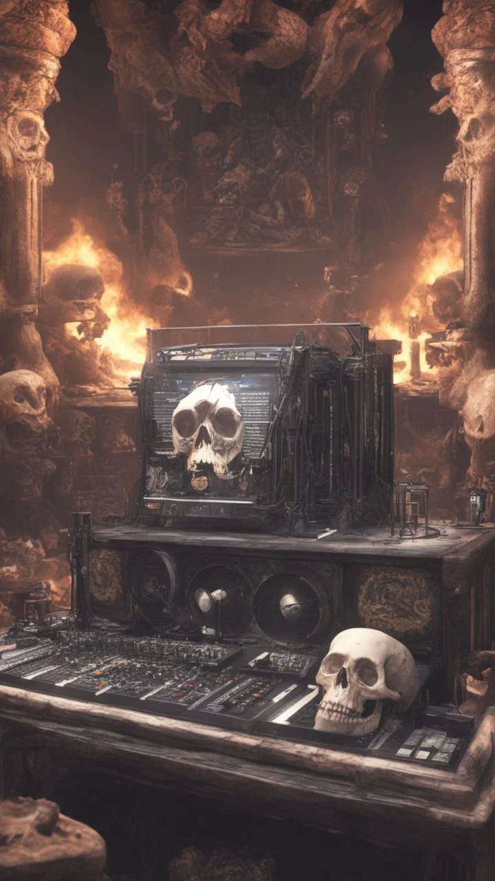 DJ of the damnded, insanely detailed DJ booth in hell, MID set, speakers and equipment made of bone, anatomically correct, add more skulls in th audience, photorealism, vray, 8k 3d https://stablecog.com/generate?o=a67b60e0-edd2-418d-9744-d1d585055d7f