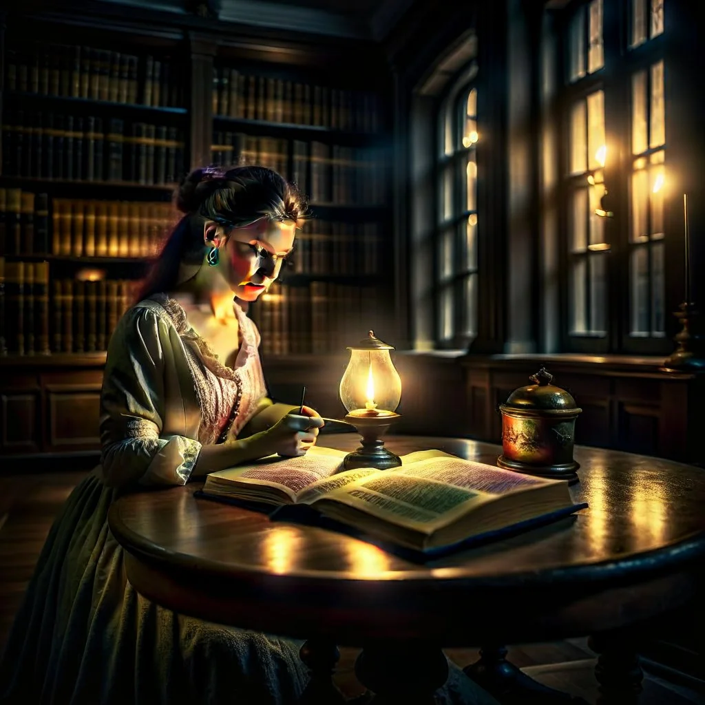 Photograph of a mysterious, indecipherable odd person sitting at a table, reading an ancient book, very accentuated details of the dress and skin, eerily mysterious. 33mm photography, high definition, high resolution, 8k, 3d render, volumetric light, shot on Hasselblad. Study room. Bookshelves, candle lit.