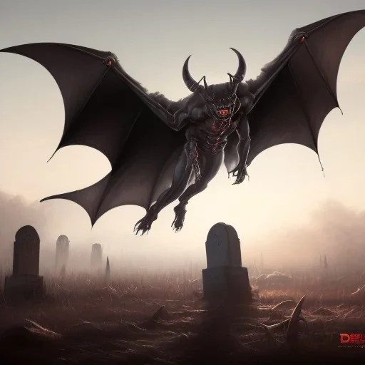 franz frazetta style, demon near cemetery, bat wing