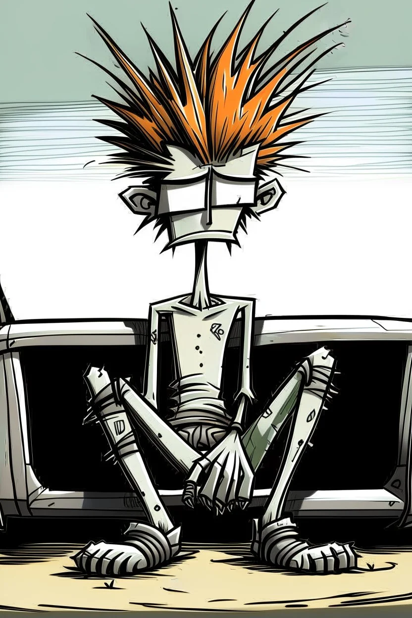 2d drawing of a stickman, cool with punk hair, x eyes like in hangman, sitting in a car, arm resting on door ,3d realistic in colour