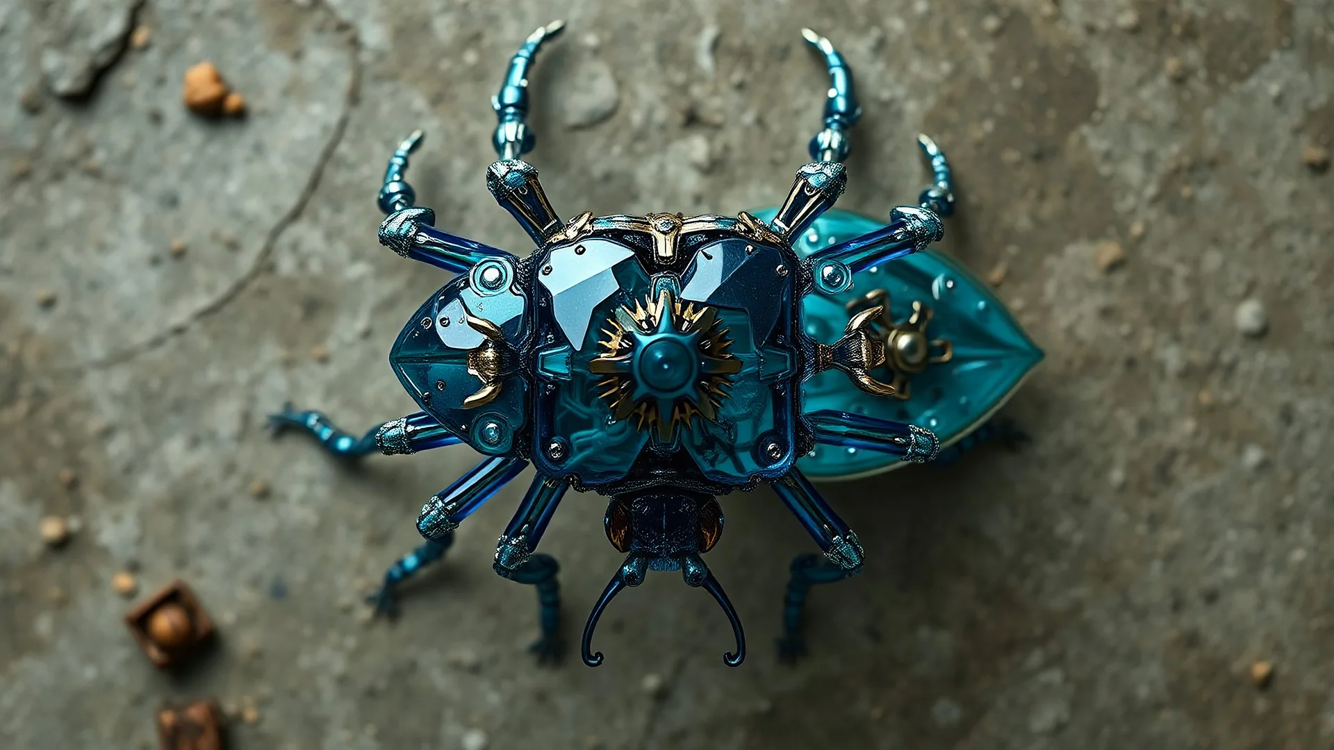 A dynamic aerial view showcasing the fusion of organic and bones elements, depicting a fully blue bones-beetle. Its intricate mechanisms are driven by interlocking blade and complex mechanical blade embedded throughout its glass frame. mist-grass leaf sabana