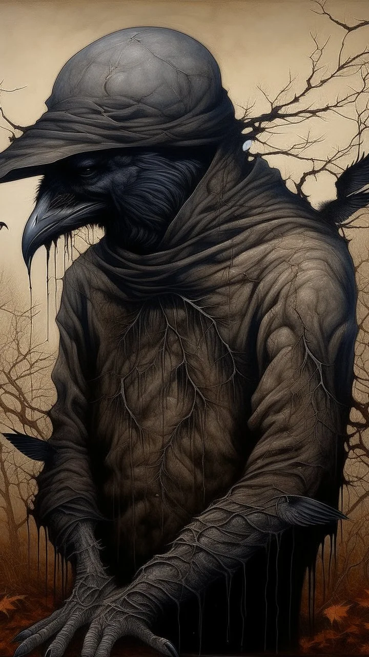 black vein, human veins, mixing together a lot of them, like a forest, big and small veins a lot of them, a crow on shoulder of scarecrow