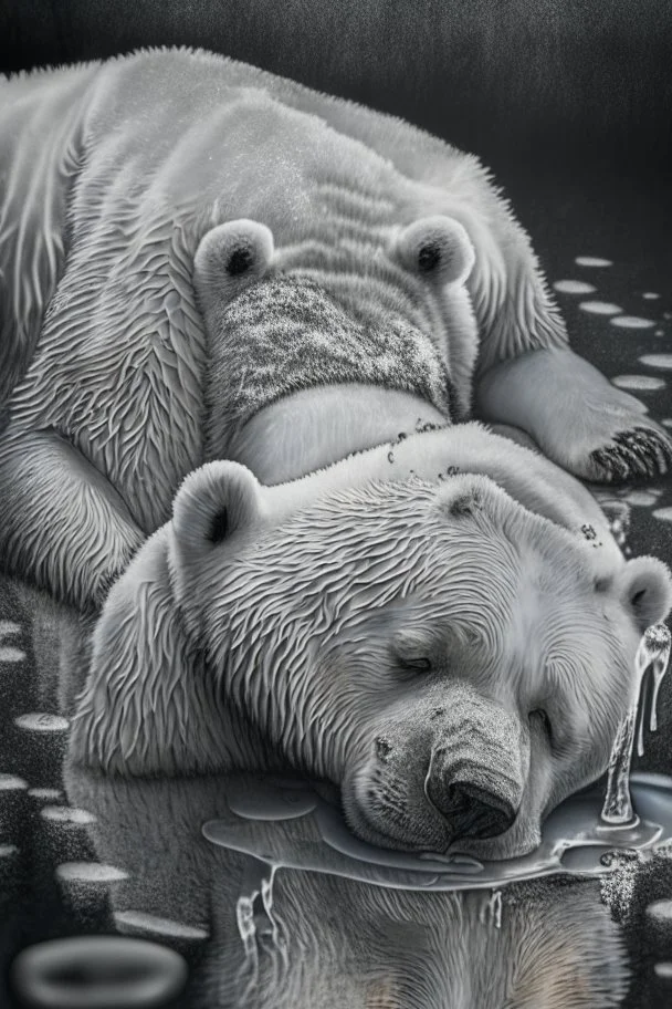 polar bear melting into a puddle, hyper-realistic photography, detailed expression of agony, hyper-realistic fur and anatomy details, Takeshi Kawano style, engraved fur details, anatomically correct animal, dark colour tone, epic colour treatment, cinematic colour treatment, meticulously intricate perfectly symmetrical extremely detailed, pixiv daily ranking, pixiv, extreme depth of field, artstation, sculpture style, spectacular details, volumetric lighting, masterpiece, cinematic, Hollywood pr