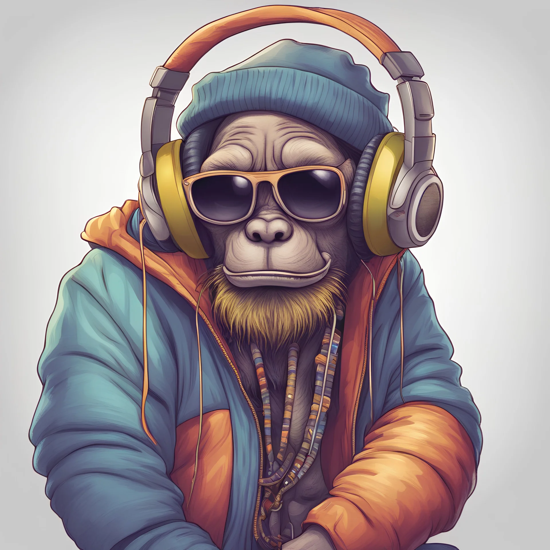 Funny caricatured creature character dressed in hip hop clothing and wearing headphones, pencil drawing, colors hatching and shading, fractured, short focus, vanishing point, vignetting, light in contrast, highly detailed, thin loose lines, white background