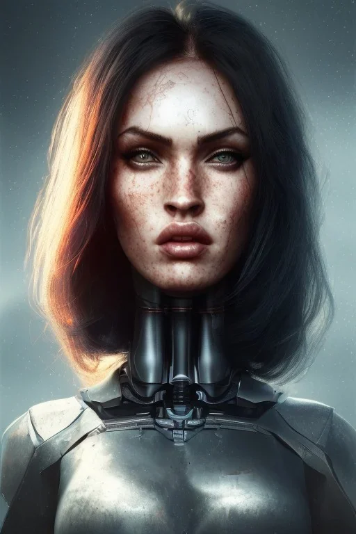 wonderfull portrait, megan fox face, half side face robot rust, long black hair, intricate, sci-fi, cyberpunk, future, fog, fire particles