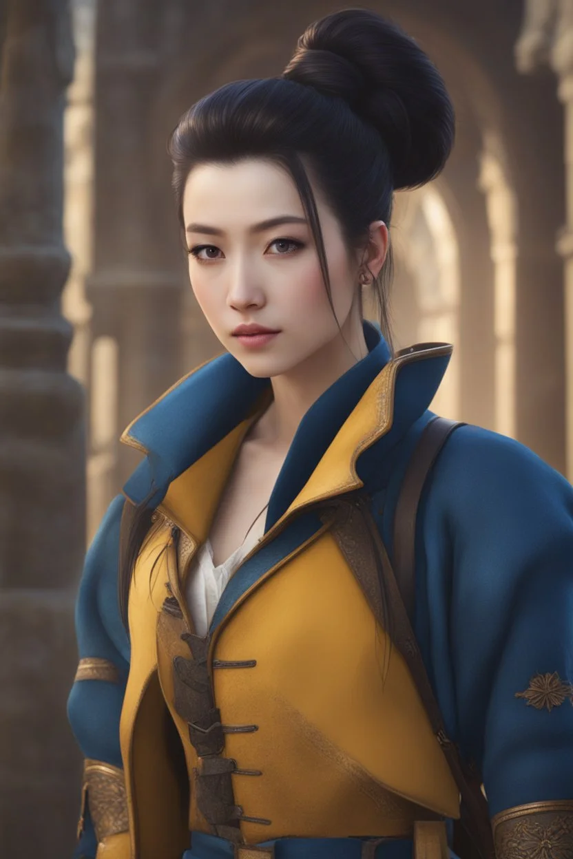 beautiful female, asian, pale skin, dark hair, front mohawk, back high bun hairstyle, detailed dark eyes, yellow jacket, wearing backpack, baggy blue pants, fantasy setting, medieval, year 1800, 8k, high detail, intricate, cinematic background, facing viewer