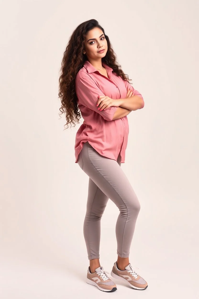 beautiful lady with makeup in pants and pretty shirt curvy long hair sport shoes standing relaxed posing to camera simple empty studio background