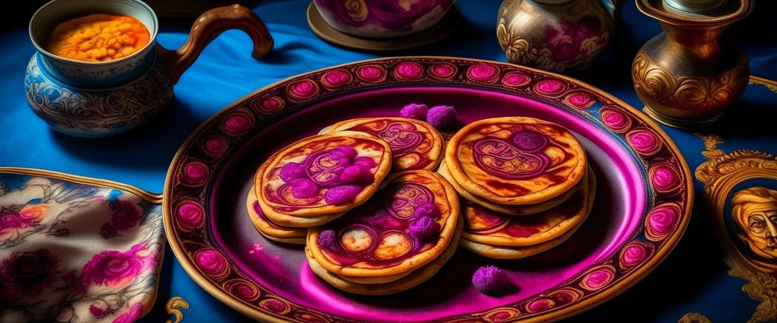 Dark magenta cosmic pancakes designed in medieval tapestry painted by Michelangelo di Lodovico Buonarroti Simoni