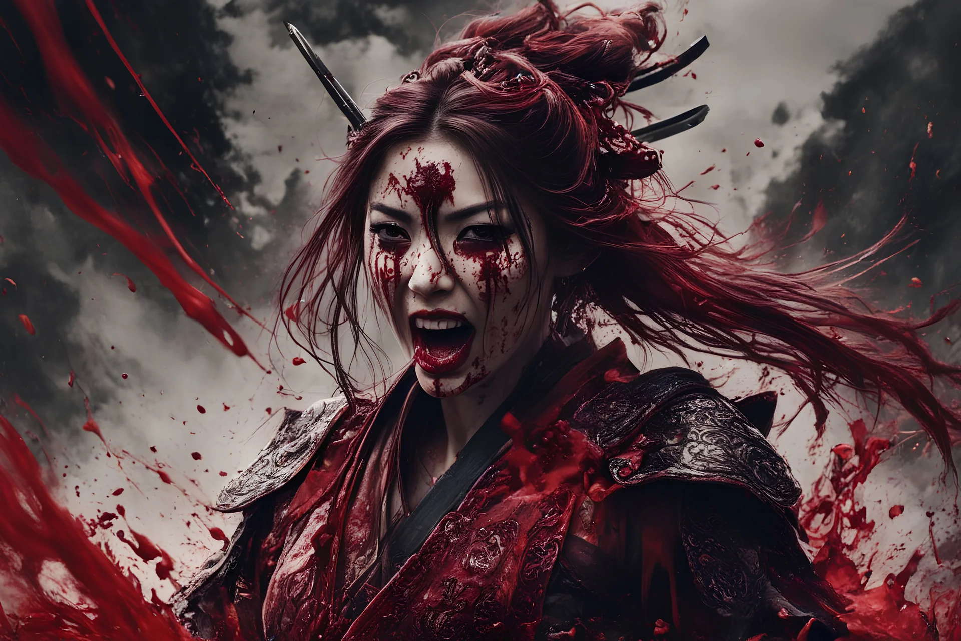 Tall girl samurai, face distorted with pain, screaming, tears streaming from eyes, siting pose, fullbody, splashes blood, behind guts rising from the ground, intricate, darkred tones, macro photography,