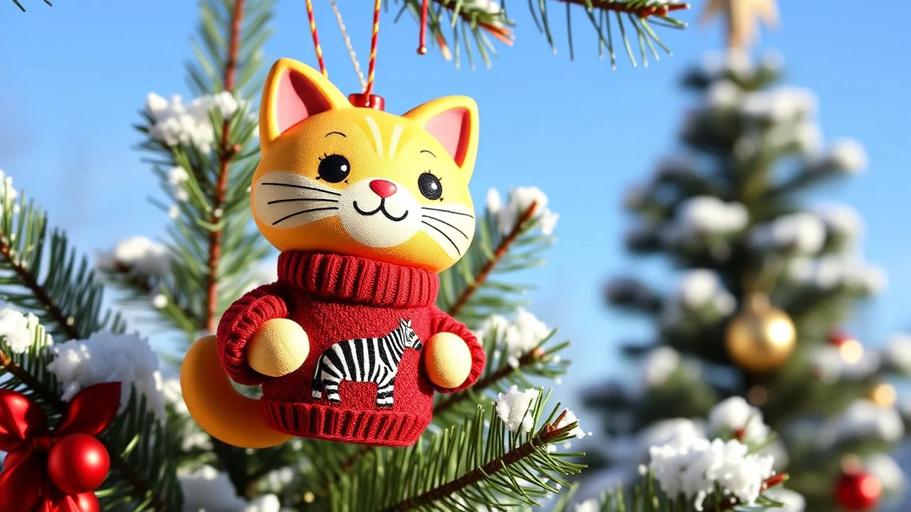 cute chibi cat shaped hanging Xmas tree ornament wearing red knitted pullover with zebra on it in sunshine, snowcapped xmas tree