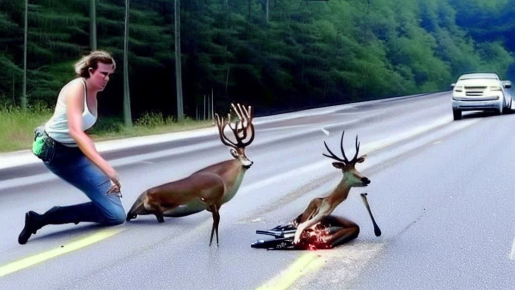 upset lady points handgun at deer carcass on the highway