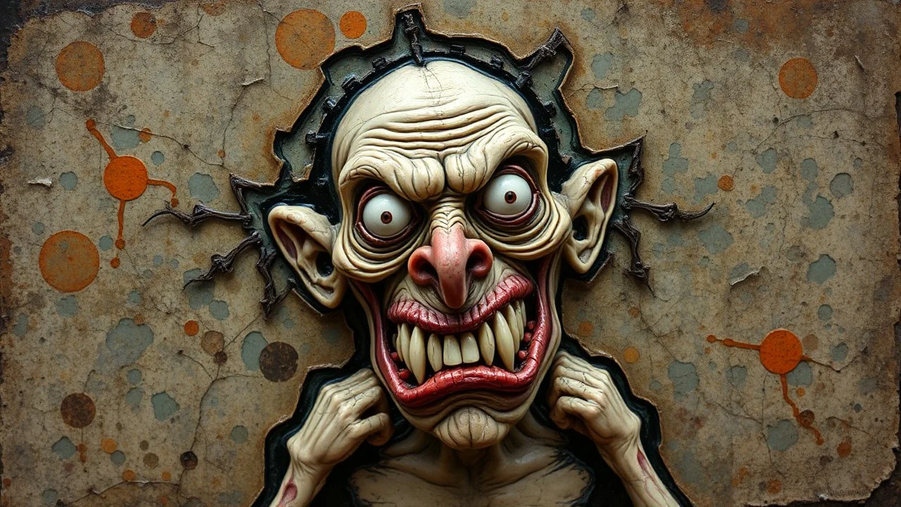 Grotesque character emerging from textured encaustic surface, deformed facial features sculpted in hot wax, exaggerated gestures frozen in the translucent medium, abstract patterns scratched away revealing intense colors, overlapping layers creating visual depth, fusion of humor and ancient technique, cartoonish surrealism style