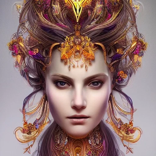 portrait,"Insanely detailed photograph of a beautiful Queen of the light Goddess,gorgeous clean face, highly intricate dress,intricately designed colorful mardigras decorations in hair,ominous,elegant, highly detailed hair, digital painting, artstation, concept art, smooth, sharp focus, illustration, art by artgerm and greg rutkowski, alphonse mucha,Dan witz, 8 k,looking downward,album cover art,fantasy