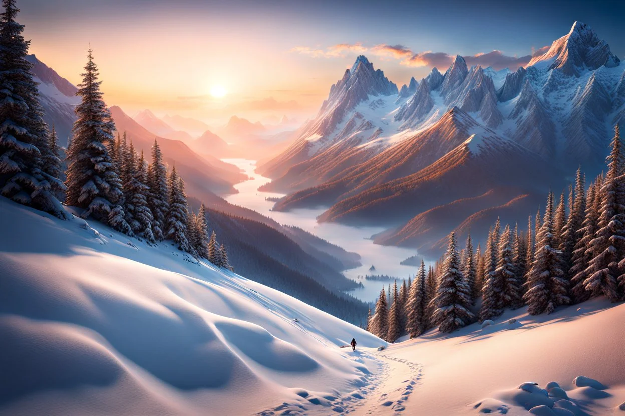 A valley through desolate winter mountains. a mountain higher than Everest at the end of the valley. fantasy concept art, exquisite realism, a masterpiece, dynamic lighting, hyper detailed, intricately detailed, deep color, Unreal Engine, volumetric lighting , Epic cinematic brilliant stunning intricate meticulously detailed dramatic atmospheric maximal,