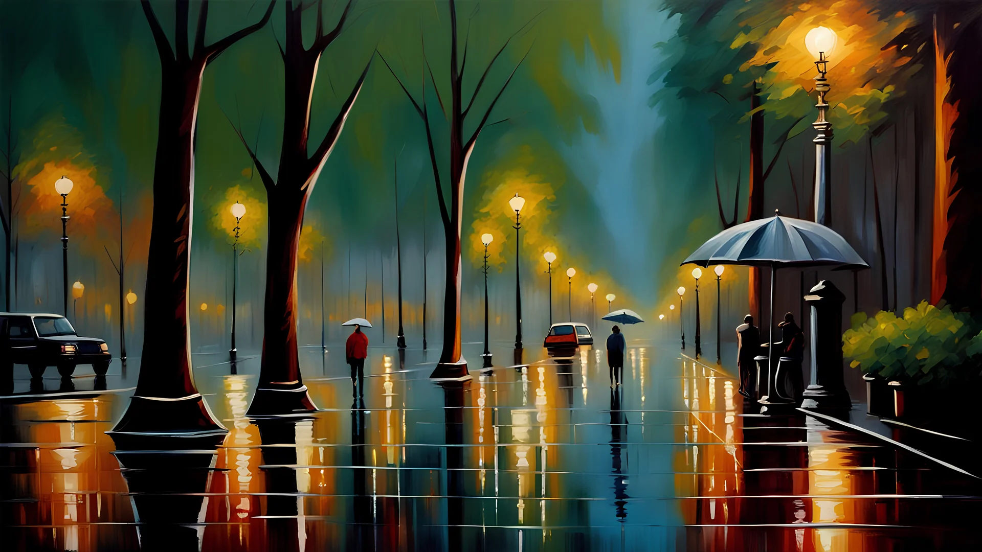 A beautiful oil of canvas park scene in the evening, heavy rain, lights reflecting of the wet pavements and surfaces, detailed, complex, high definition