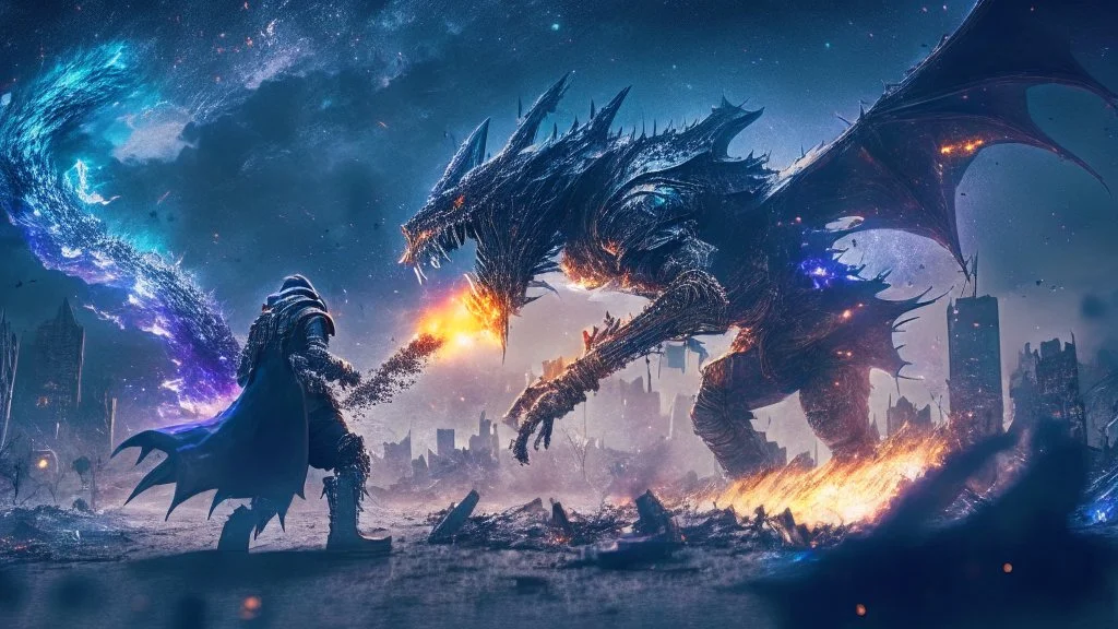 post apocalyptic space sorcerer fight againts a black dragon, destroyed city, night starry sky, epic cinematic fight scene, 8k resolution, photorealistic, ultra detailed, macro photography