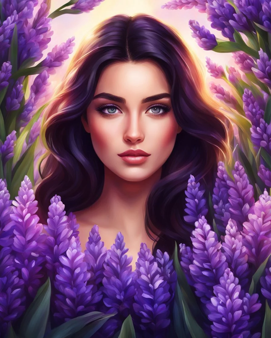 Medium view of a beautiful girl standing surrounded by full of hyacinth flowers, beautiful face, dark hair, shining eyes, digital painting style, vibrant colors, high quality, 4k