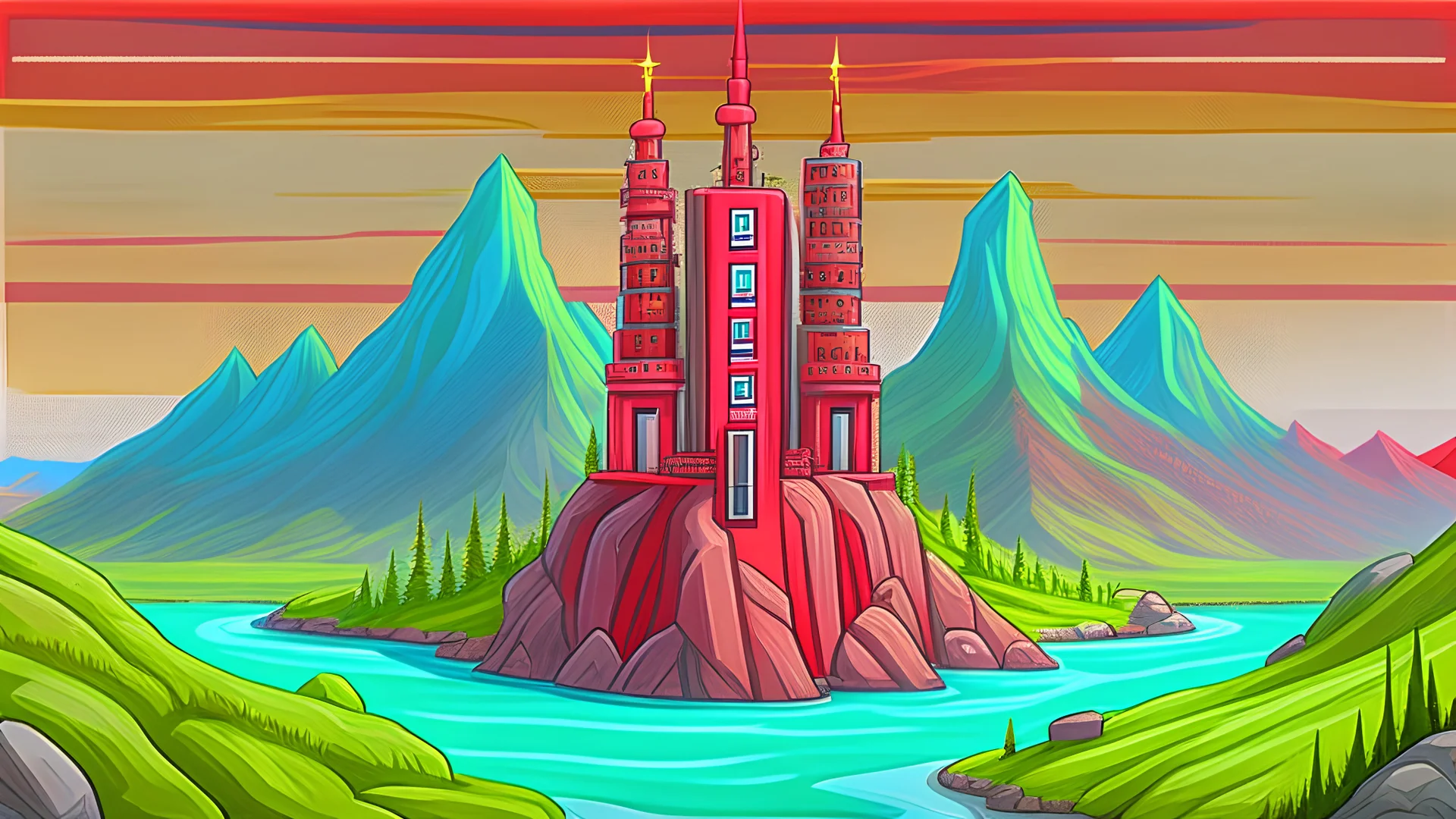 vampire mountain river skyscrapers cartoon