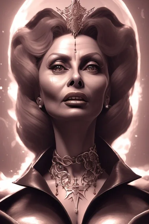 Sophia Loren as evil queen in black leather, cleavage, angry, stern look. character design by cory loftis, fenghua zhong, ryohei hase, ismail inceoglu and ruan jia. unreal engine 5, artistic lighting, highly detailed, photorealistic, fantasy