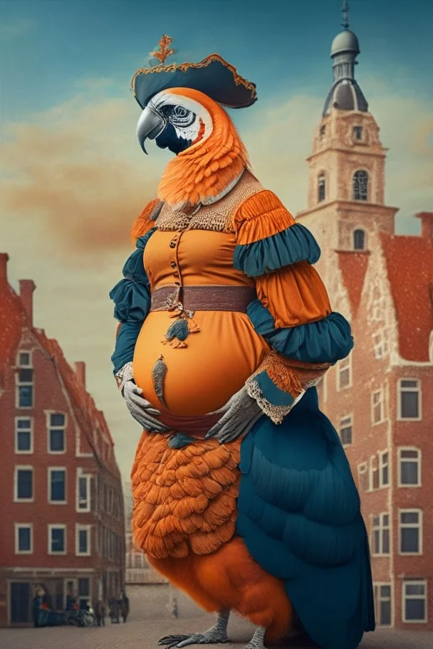 Pregnant Half parrot half human in a old 1700s orange Dutch uniform in front of a Dutch city