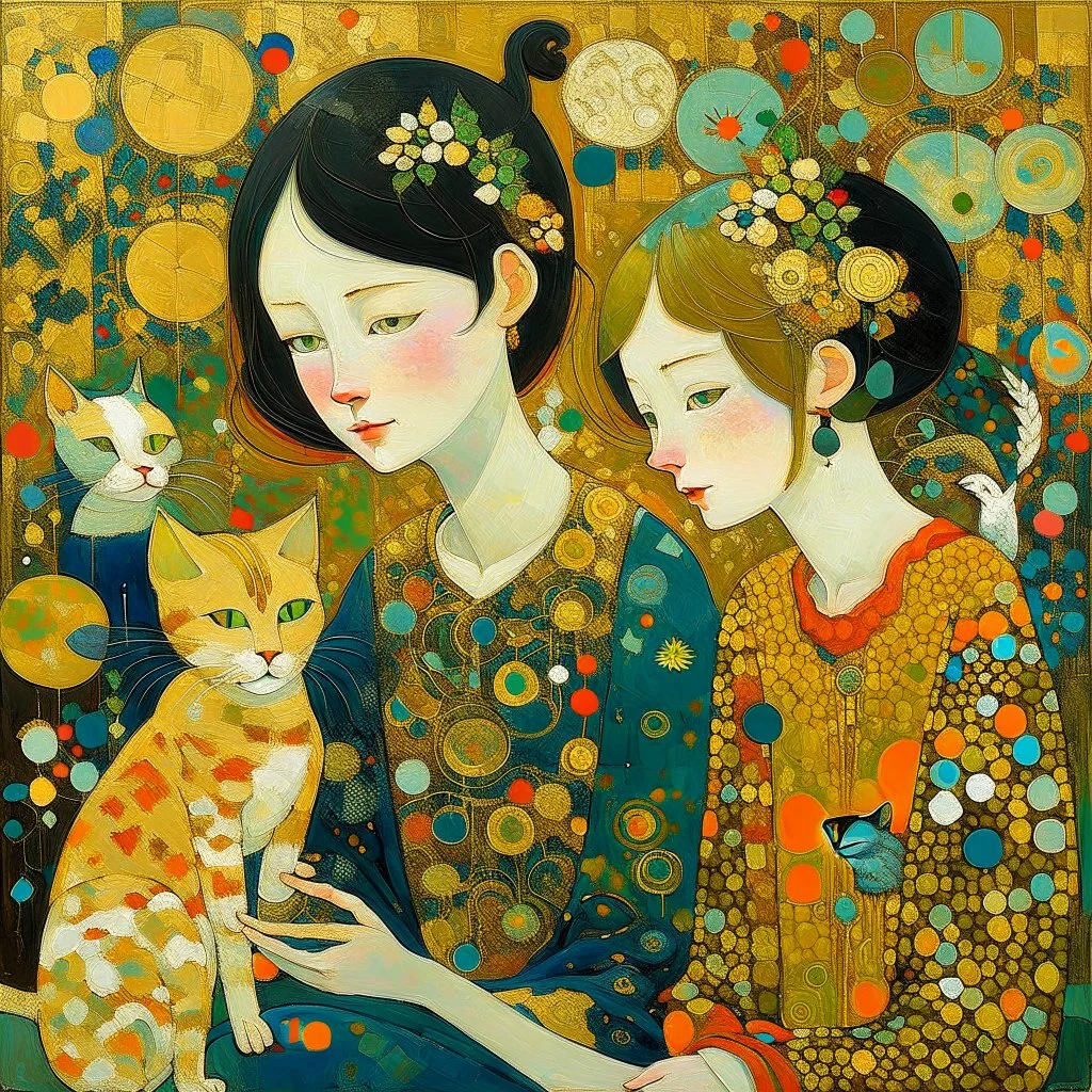 Random people and cats, random environment, random artistic style, random mixed techniques, random colours, random shapes, minimalist, creative, Precise figures, realistic textures, Klimt