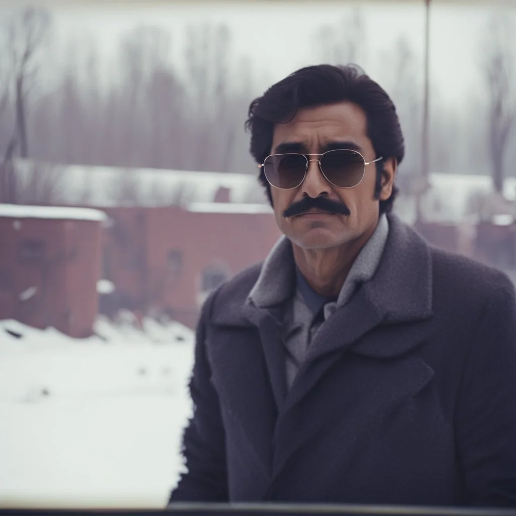 a man wearing sunglasses standing in the snow, price of persia movie, grainy footage, prison background, mustache, color grade, organ harvesting, man in adidas tracksuit, mahmud barzanji, frames, old wool suit, 8 0 s camera, thick mustache