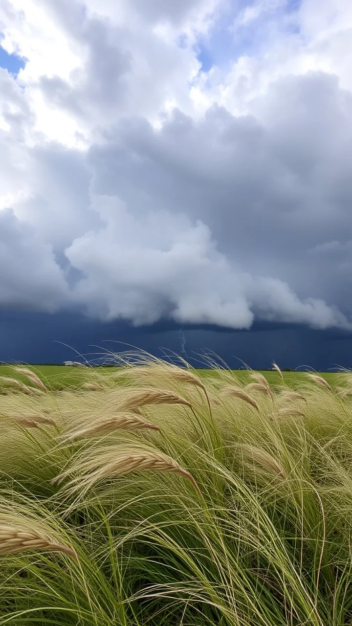 Windblown grass with storm and winds with clouds and