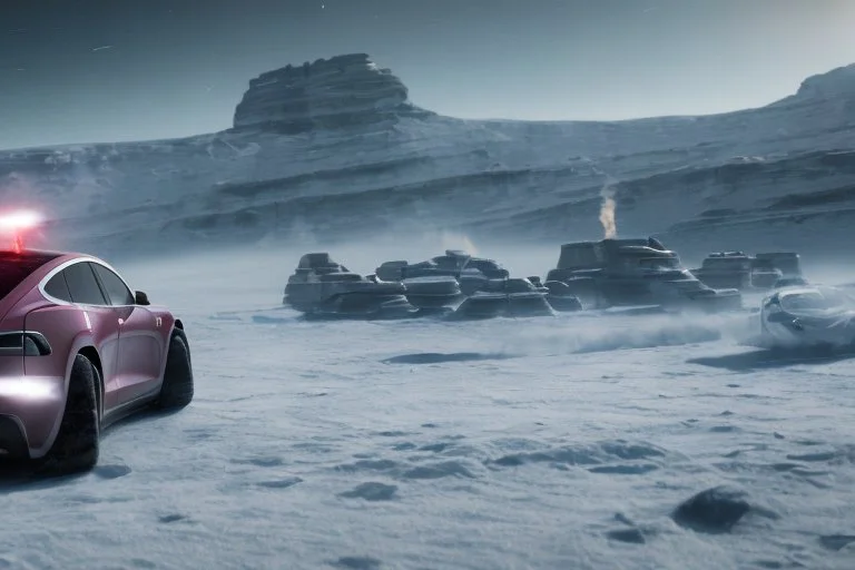 A Tesla 'Model Y' is racing at top speed, on the planet 'Hoth'. CINEMATIC. WIDE ANGLE LENS. PHOTO REAL.