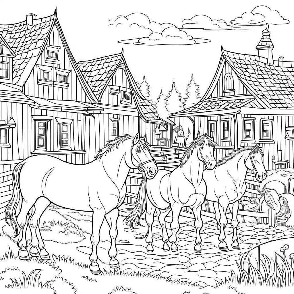 oloring book for kids, no colors, horses in village