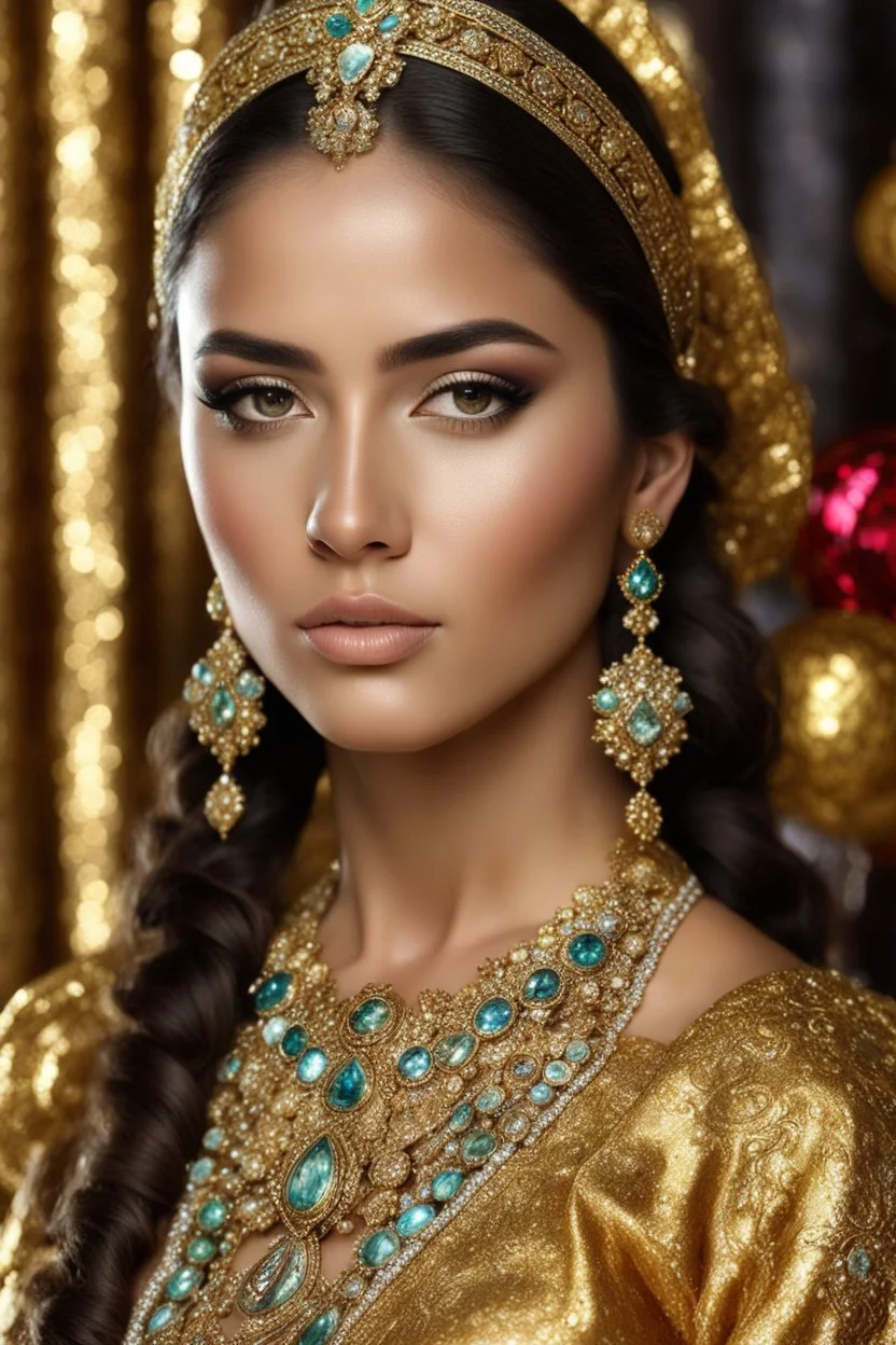 gorgeous photography HD ultra realistic natural skin beauty of young mexican woman, dressing traditional Mexico gown beautiful, shiny hard eyes, make up, shiny baubles, ornate, large gemstones, shiny molten golden metalics, shiny ornaments flowers patterns, luxury dress,luxury jewelry diamonds background,brown hair, high definition, high res,establishing shot