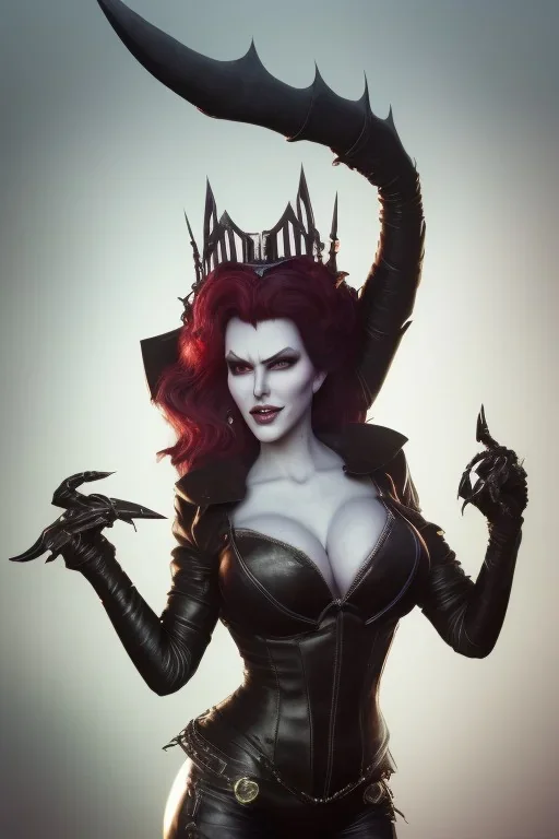 Amy Dumas as evil queen in black leather, leather, busty, cleavage, angry, rage, stern look. character design by cory loftis, fenghua zhong, ryohei hase, ismail inceoglu and ruan jia. unreal engine 5, artistic lighting, highly detailed, photorealistic, fantasy