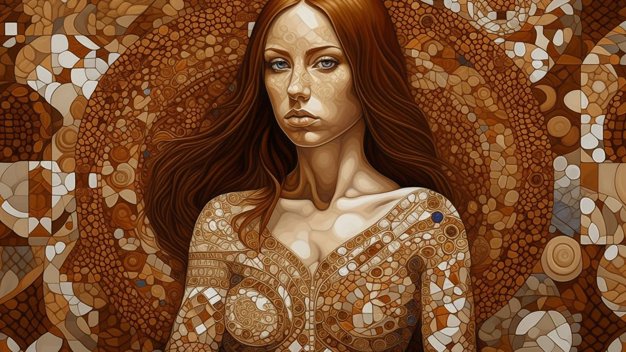 A detailed digital illustration of a woman with a vibrant, yet uniquely shaped body. The central subject, a captivating mosaic of brown and white tiles, is her warm yet somewhat curvaceous body, featuring intricate, ethereal facial features. The background weaves in intricate patterns, adding depth and mystery to the painting's composition. From bottom right towards top left, she wears a gold necklace that draws us into her captivating, fantasy-inspired realm