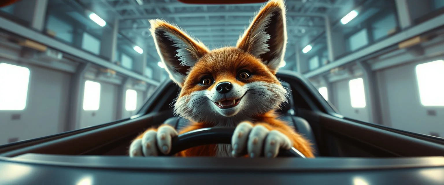 car driving happy 2d fluffy orc fox in the style of Escher and Giger and Fallout 4, pinhole cam, airbrush 3d rendering, on tv screen:A five-second cinematic single take in a clean industrial presentation hall.