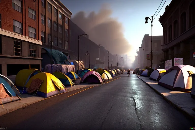 outside homeless shelter, california, los angeles,tents on street, skid row, day time , unity, scriptable render pipeline , atmospheric lighting.