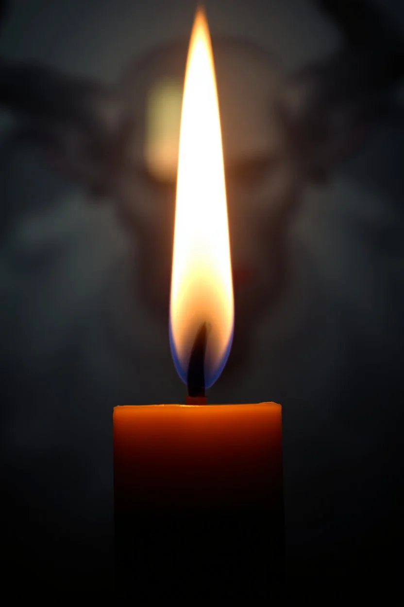 Close-up of the candle flame that glows unnaturally bright, mysterious aura, soft, a devil face in distance in the background