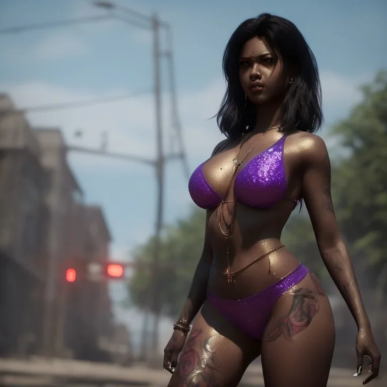 full body shot, masterpiece, best quality, voluptuous, thicc, black-skinned, sparkling eyes, fluorescent skin,purple-dark makeup, gangsta style, highly detailed body, sunlight, 4K, RAW, depth of field, high contrast, realistic details, 24mm