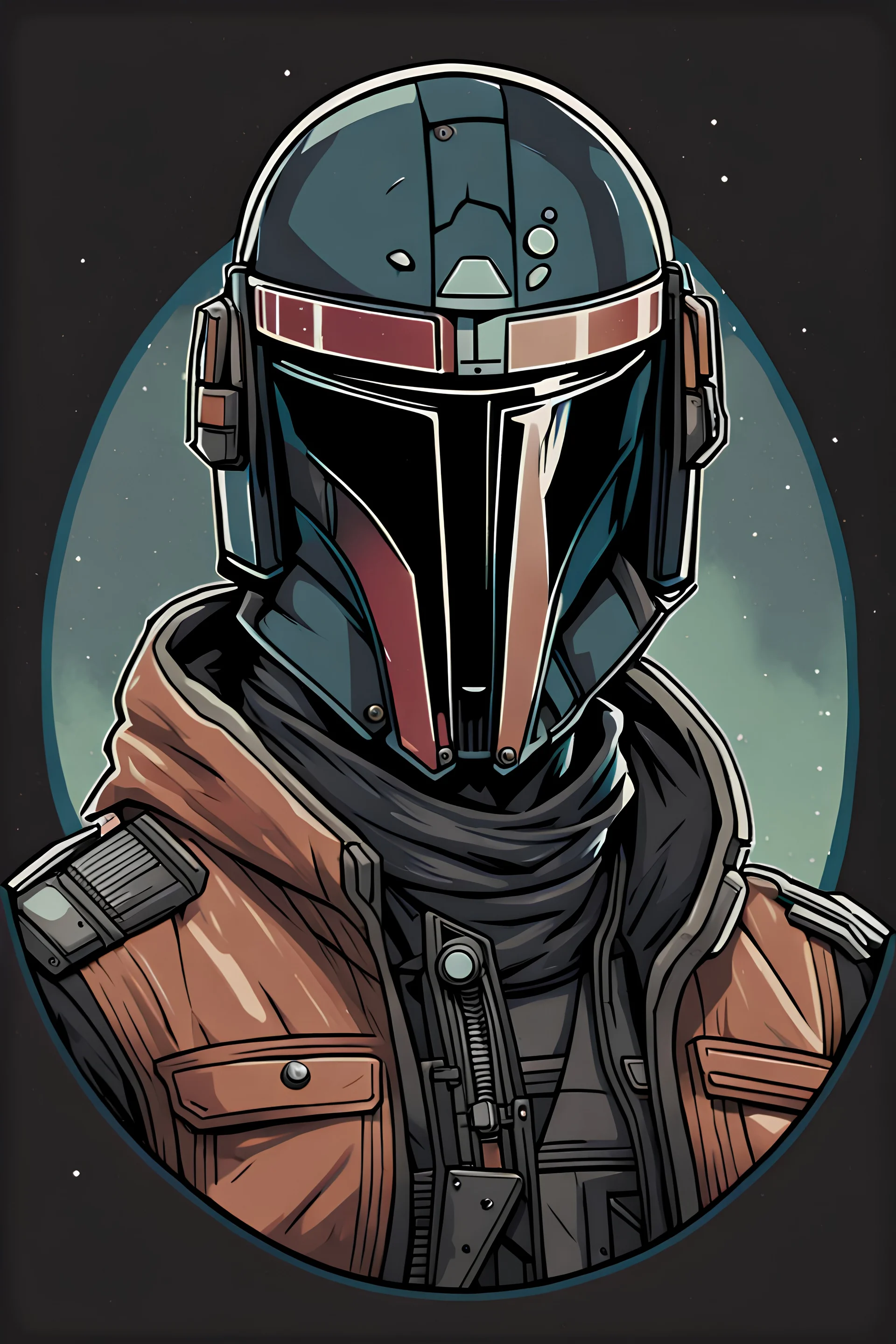 High Quality Science Fiction Character Portrait of an bounty hunter in a Bomber Jacket. Illustrated in the Style of the Archer Tv Series. Wearing a Mandalorian helmet.