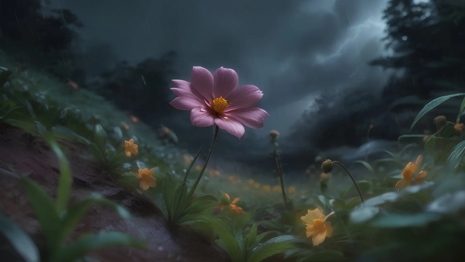 fragile flower in a storm. in flower forest at night, perfect composition, hyperrealistic, super detailed, 8k, high quality, trending art, trending on artstation, sharp focus, studio photo, intricate details, highly detailed, by greg rutkowski