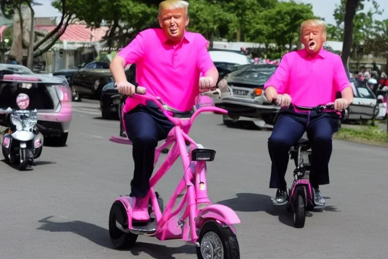 Photo of donald trump riding a tricycle while wearing a pink polo shurt with the collar popped