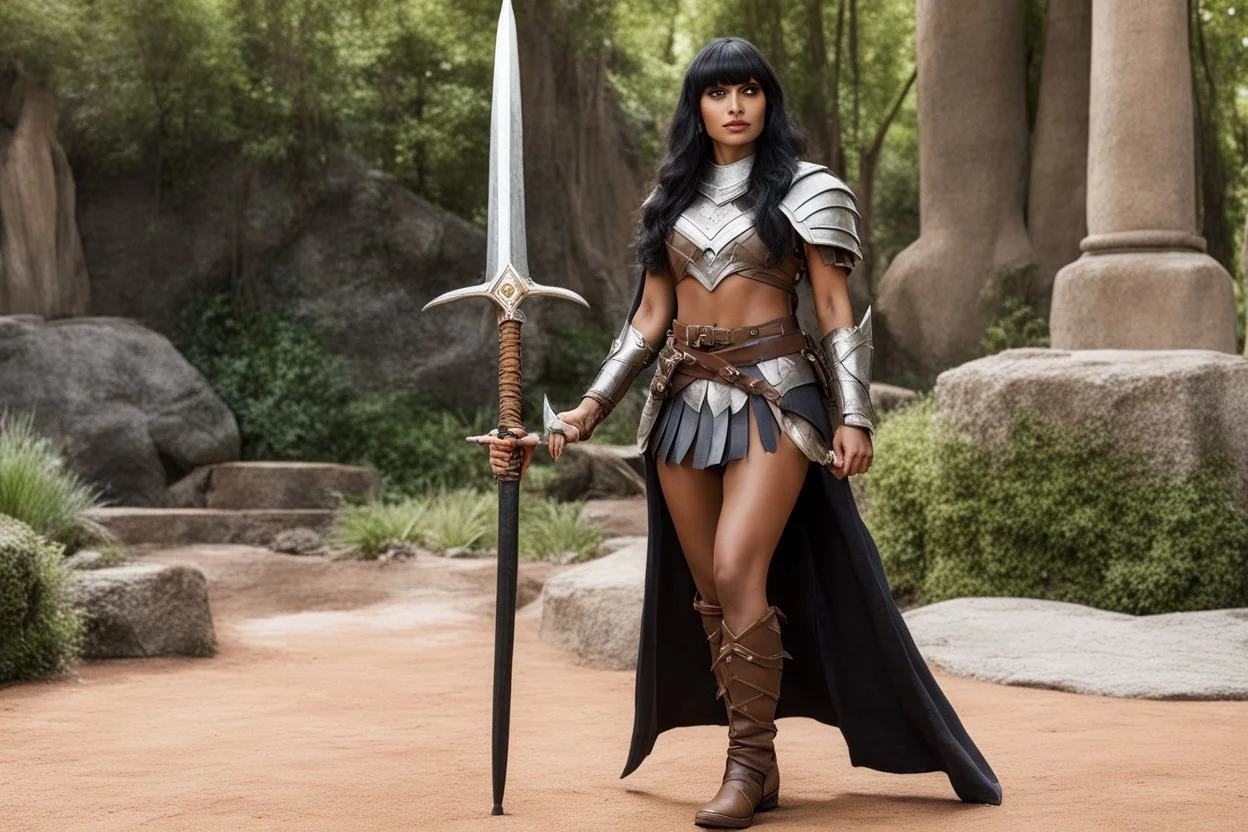 Jameela Jamil at the good place as a barbarian warrior with boots, her armour is made of linen and leather with pikes, she holds a war pike