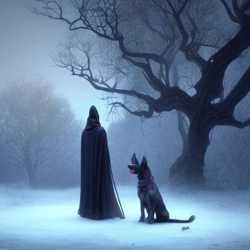 robed Grim Reaper behind sad, abandoned, dog tied up to a tree, house in background, winter, loneliness, 8k resolution, high-quality, fine-detail, iridescent, intricate, digital art, detailed matte, volumetric lighting, illustration, 3D octane render, by Jenny Jinya, Loving Reaper,