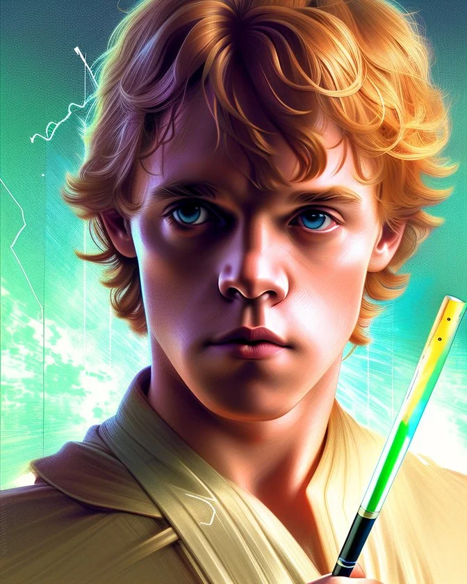 Portrait of young Luke Skywalker holding a pencil by Alex Ross, Disney, CGSociety, Carne Griffiths, Leonardo DaVinci, James Christensen character design, digital illustration, detailed sky background, Norman Rockwell, 8k resolution, Lou Xaz, cinema 4d