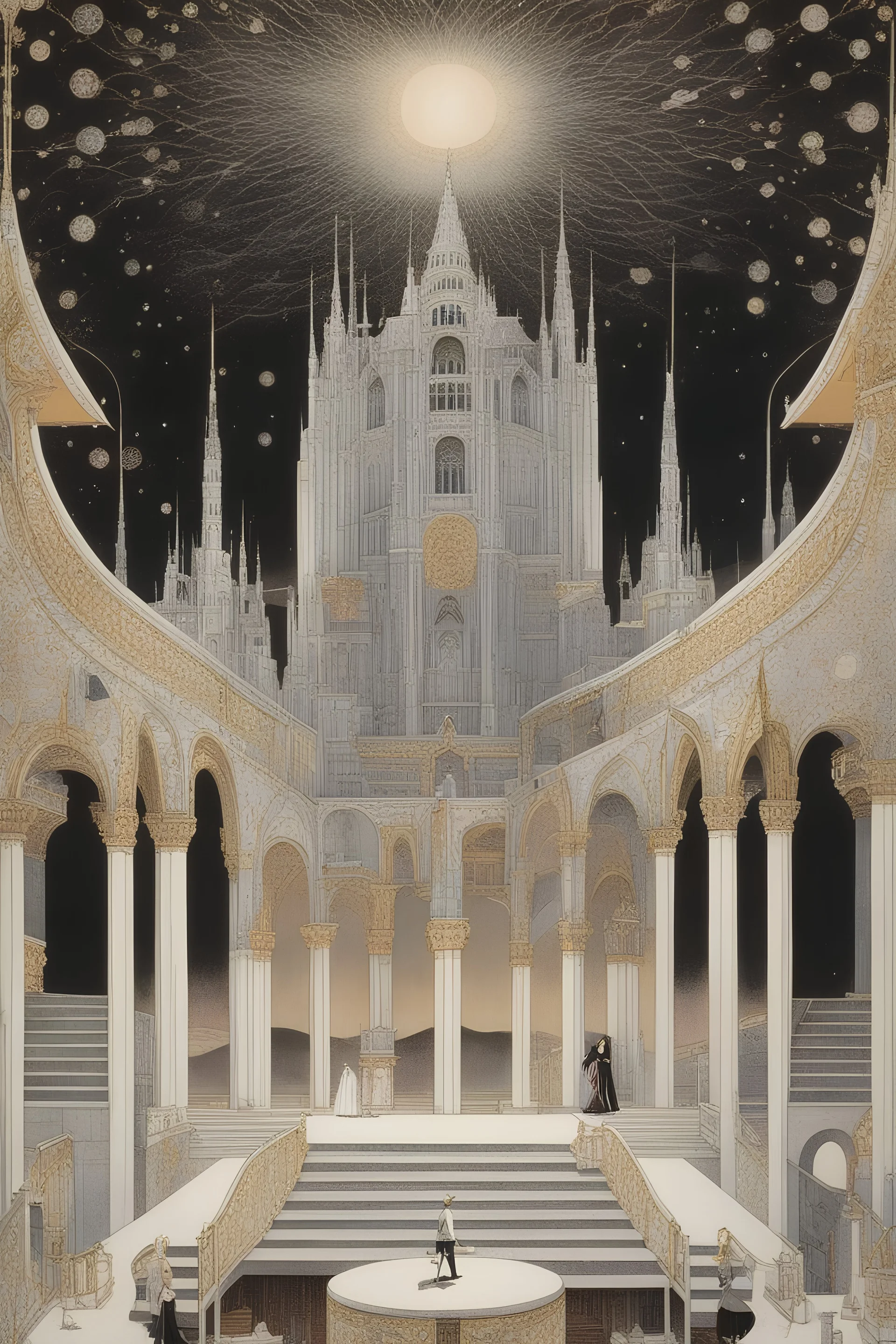 Kay Nielsen, Rem Koolhaas, Surreal, mysterious, strange, fantastical, fantasy, Sci-fi, Japanese anime, Symbolist architecture, architectural drawings, perspective, perspective drawing, cross section, cosmology and the earth, miniskirt beautiful high school girl, perfect voluminous body, detailed masterpiece