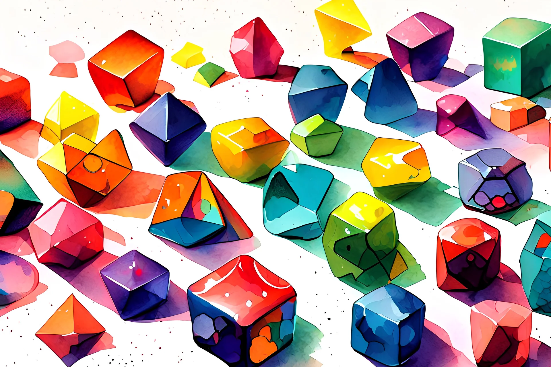 loads of colorful bright meeples of different shapes and and a few less colorful ones, watercolor