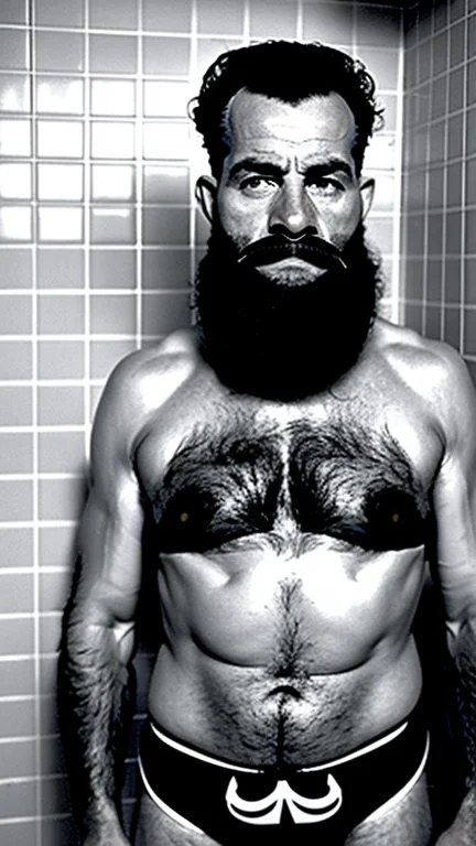 photo of stocky marocan with magnum moustache 40 years old under the shower, hairy chest, big tights, in a old bathroom, misery and poverty, photorealism, 35mm lens, ultra detailed