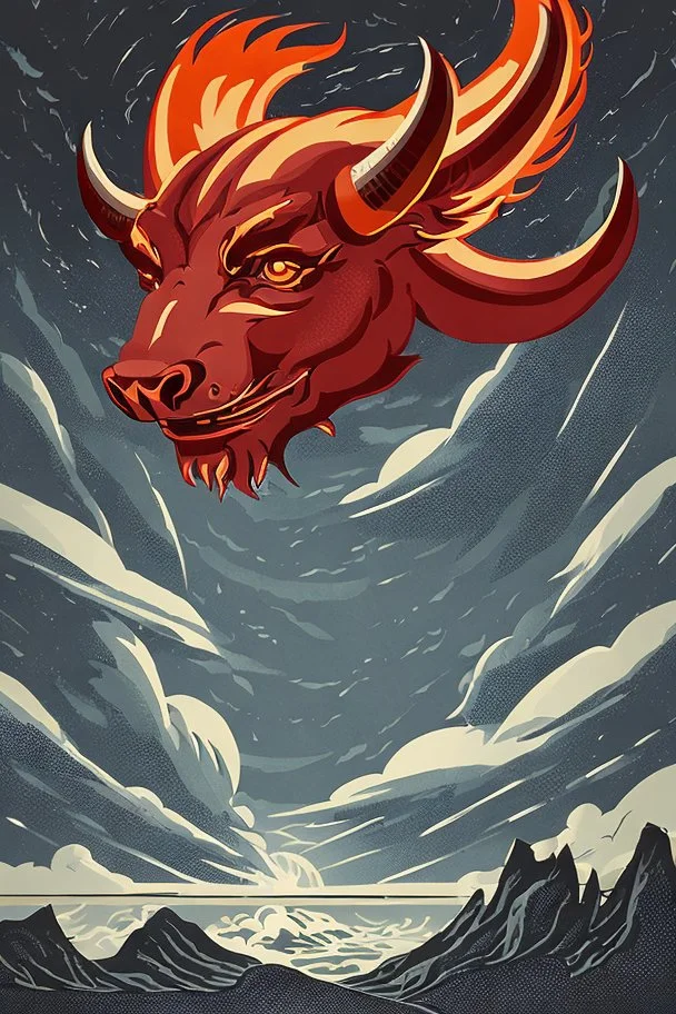 Vintage illustration of a demonic and magical bull made of red flames and fire, savage and obstreperous nature, charging down from black stormy sky, Tsuguyuki Kubo art, Topcraft, vintage storybook illustration, Beardsleyesque, ornamental, fantasy folk art, psychedelic, inspires by 70s Japanese anime, early Studio Ghibli, fantasy animation cartoon, last unicorn